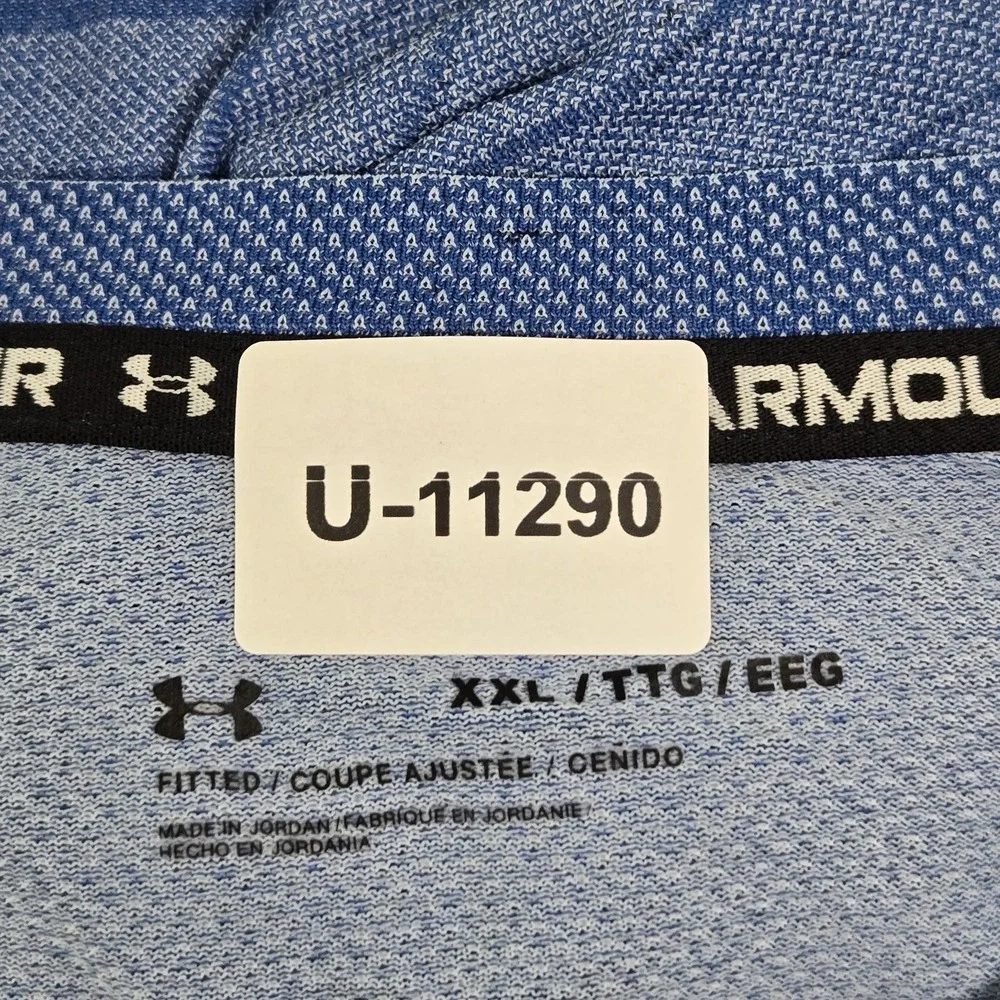 Under Armour Men Shirt XXL‎ Blue Striped Activewear Logo Fitted Short Sleeve